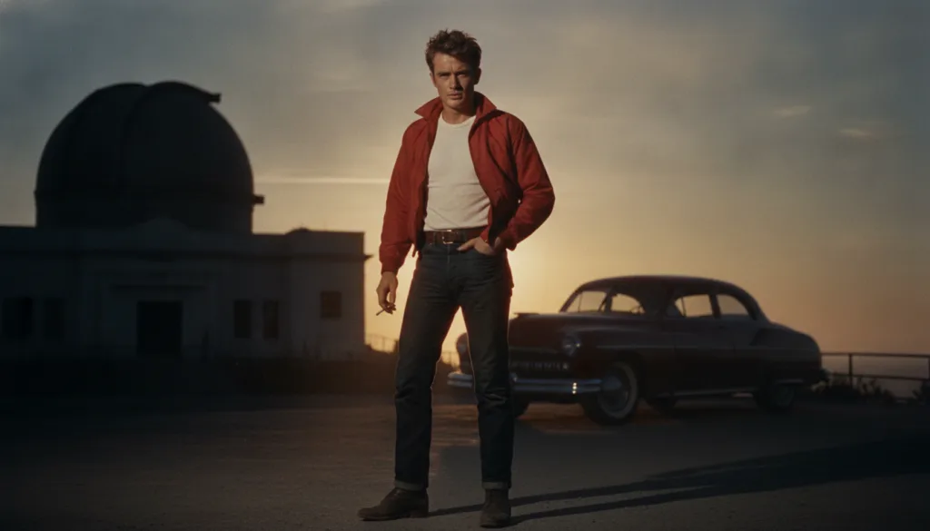 James Dean in his iconic red jacket from Rebel Without a Cause looking defiant