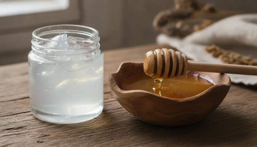 A clear glass jar of Vaseline petroleum jelly next to a small wooden bowl filled with golden raw honey with a wooden dip