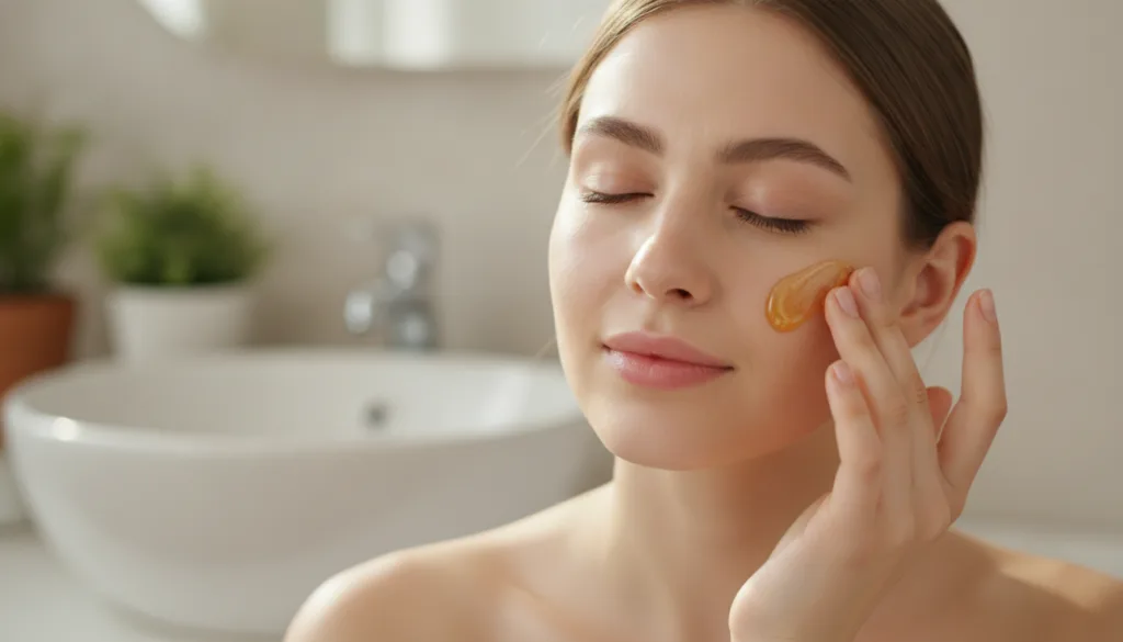 A young woman with glowing clear skin gently applying a thin layer of the Vaseline and honey mix to her cheek with her f