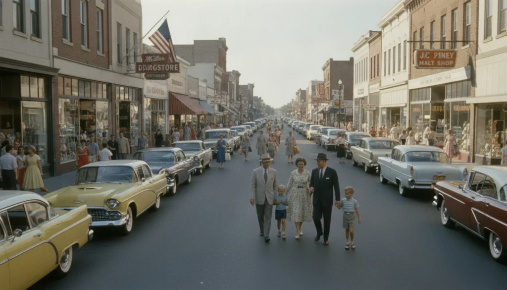 A vibrant 1960s American street scene perhaps with families classic cars and bustling activity illustrating the cost of