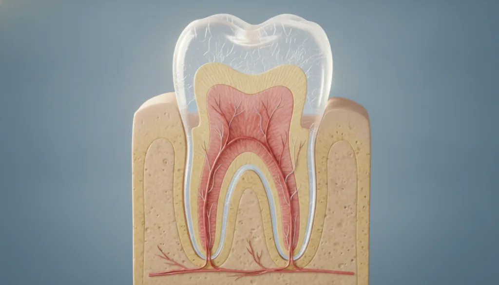 A detailed cross-section of a human tooth highlighting the enamel layer dentin and pulp with labels