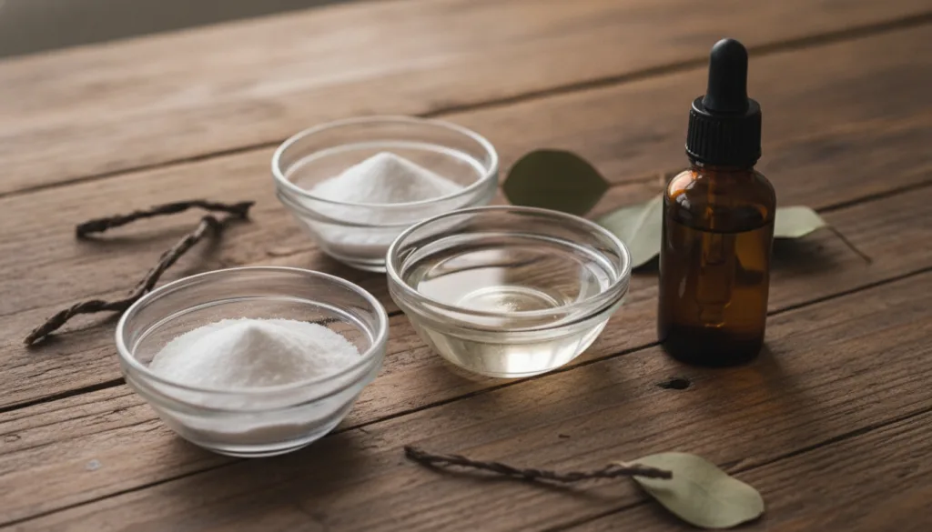 A close-up shot of small bowls containing baking soda castor oil and a bottle of tea tree essential oil on a rustic wood
