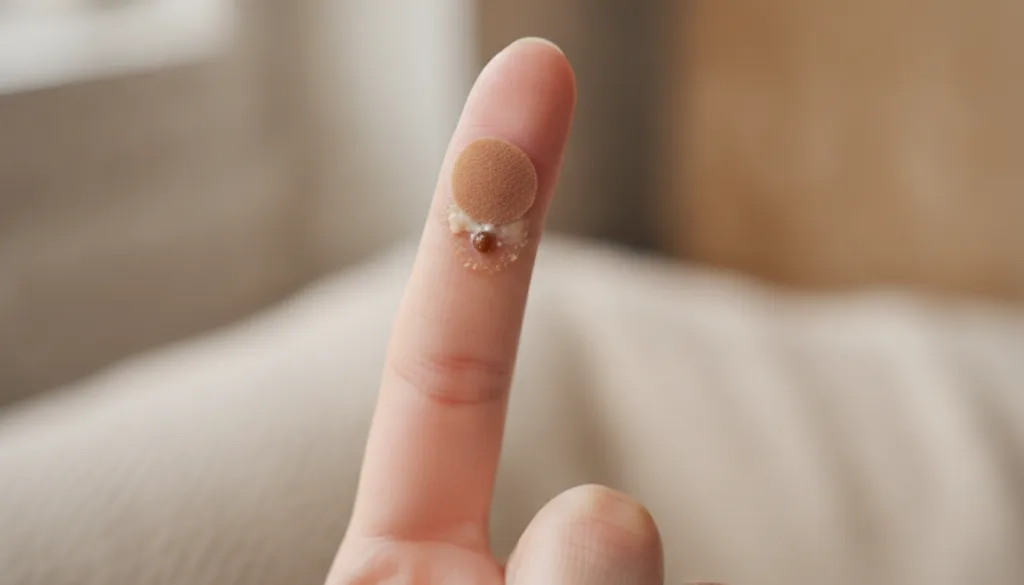 A close-up of a hand with a small amount of paste applied to a skin tag or wart covered with a small bandage