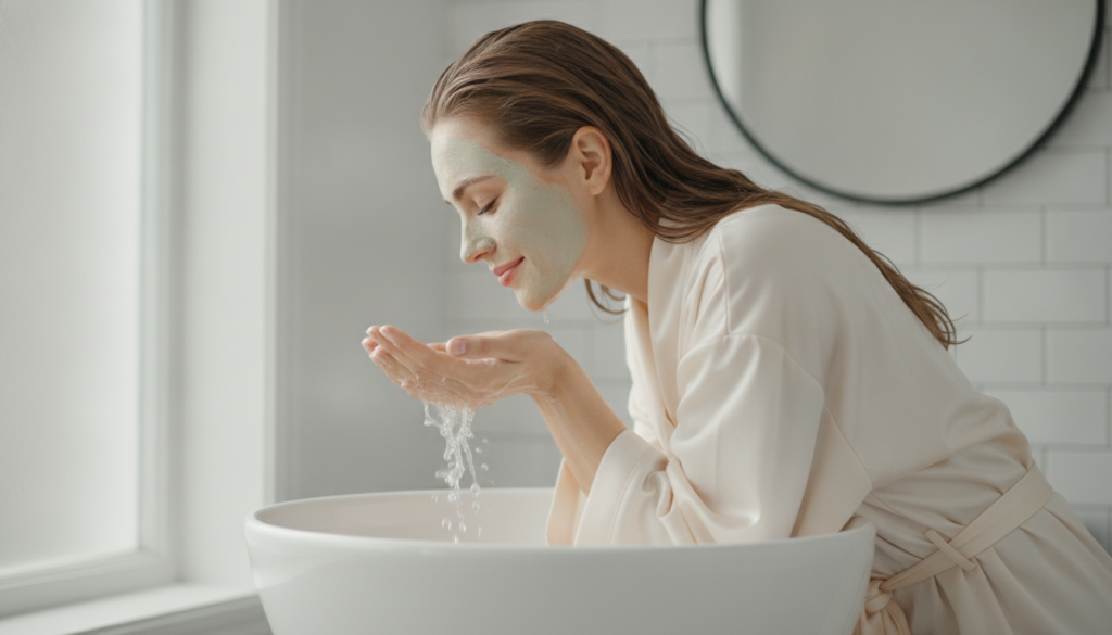 A woman gently rinsing her face with lukewarm water over a sink smiling softly as the mask washes away highlighting clea