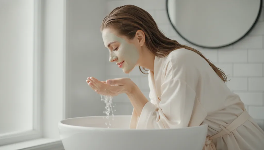 A woman gently rinsing her face with lukewarm water over a sink smiling softly as the mask washes away highlighting clea