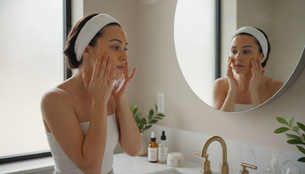 A woman gently applying a thin layer of the Vaseline and honey mask to her clean face with her fingertips in a well-lit 
