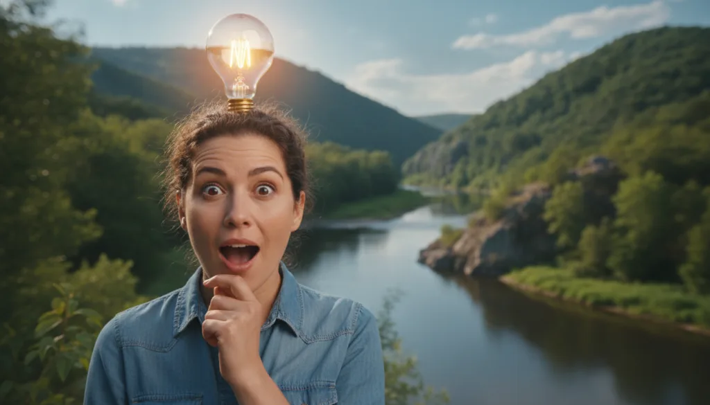 A visual representation of the Aha moment with lightbulb over a person s head solving a riddle with a river in the backg