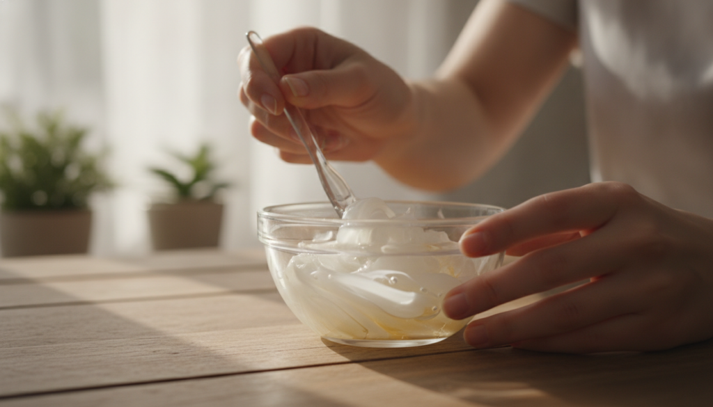 Hands gently mixing Vaseline and baby oil in a small glass bowl
