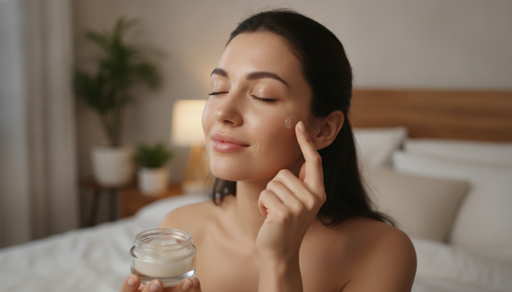 A woman gently applying the DIY balm to her face at night