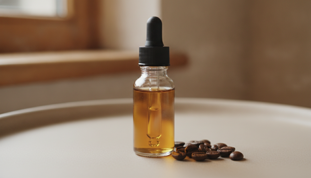 A small glass dropper bottle filled with amber-colored coffee oil next to a few coffee beans on a simple elegant backgro