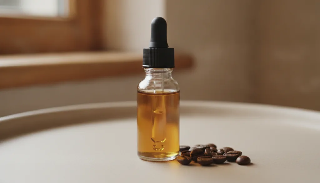 A small glass dropper bottle filled with amber-colored coffee oil next to a few coffee beans on a simple elegant backgro