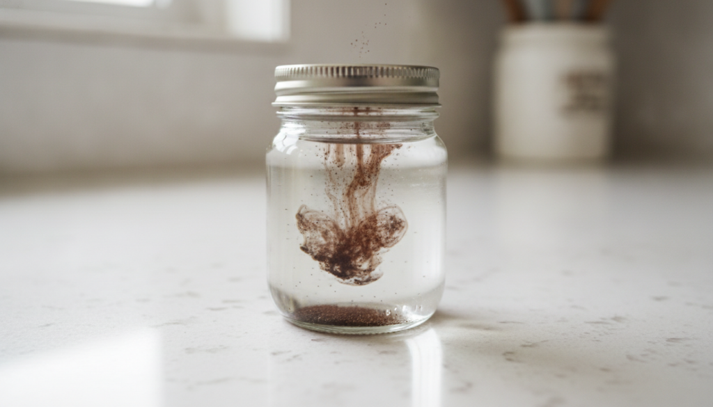 Close-up of coffee grounds infusing in baby oil inside a glass jar on a kitchen counter