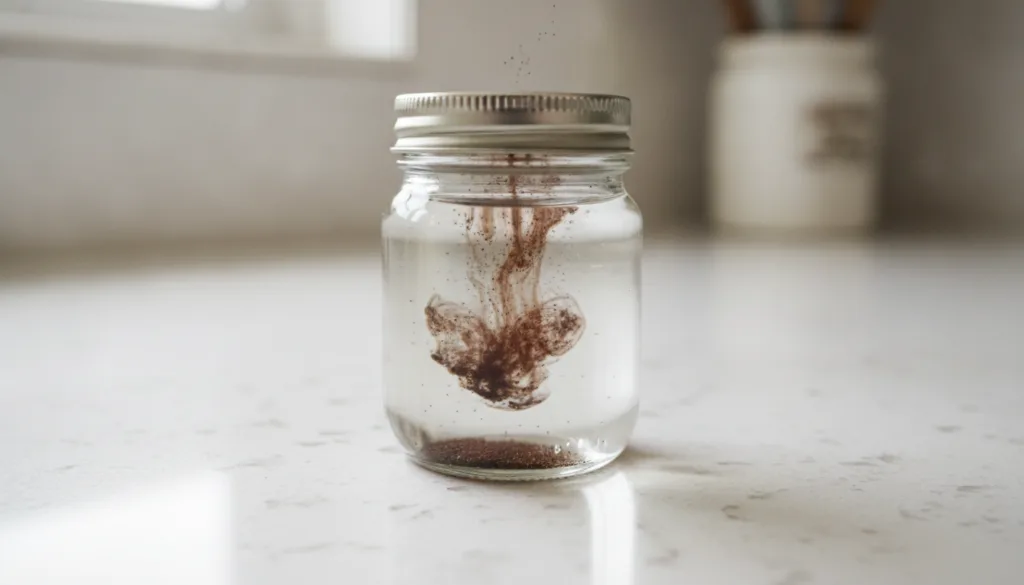 Close-up of coffee grounds infusing in baby oil inside a glass jar on a kitchen counter