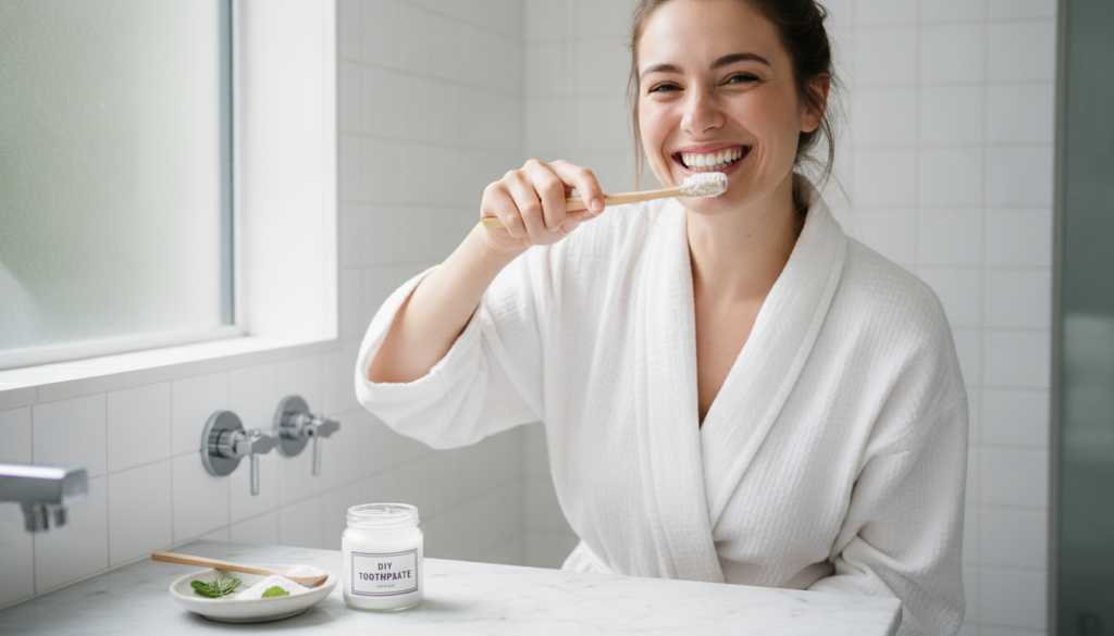 A person gently brushing their teeth with a soft toothbrush using the homemade paste showing a clean bathroom environmen