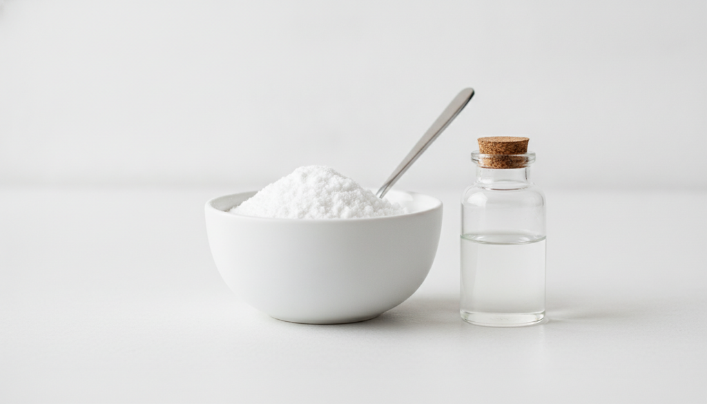 Ingredients for homemade tooth paste a bowl of baking soda a small bottle of water and a spoon