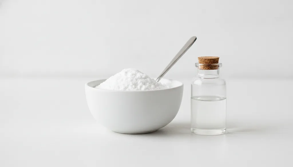 Ingredients for homemade tooth paste a bowl of baking soda a small bottle of water and a spoon