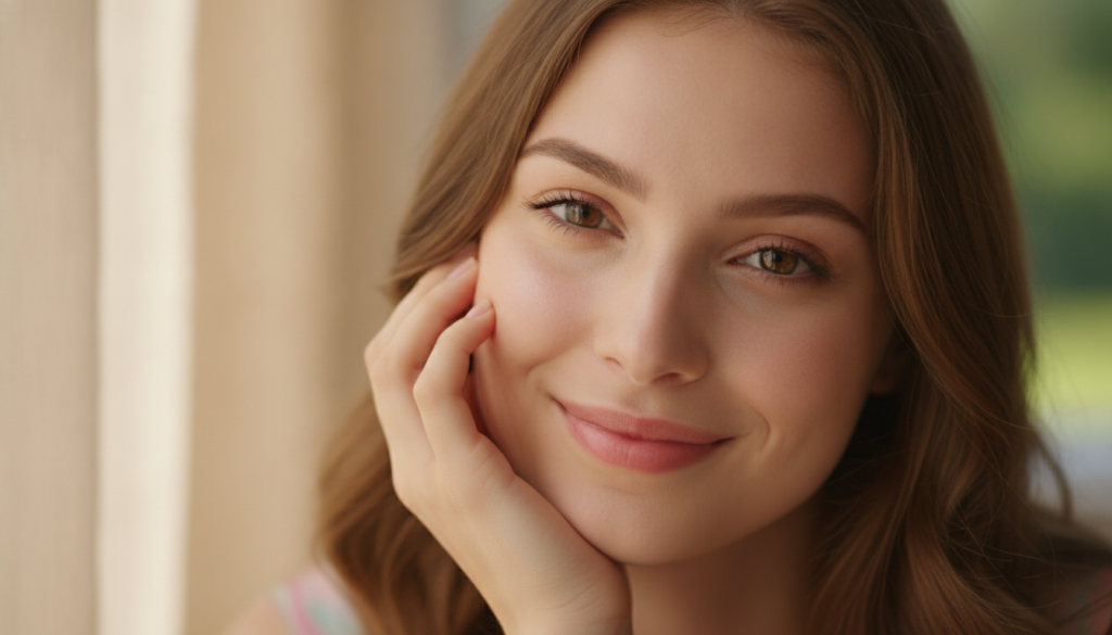 A woman gently touching her cheek smiling with glowing healthy-looking skin suggesting a natural and youthful appearance