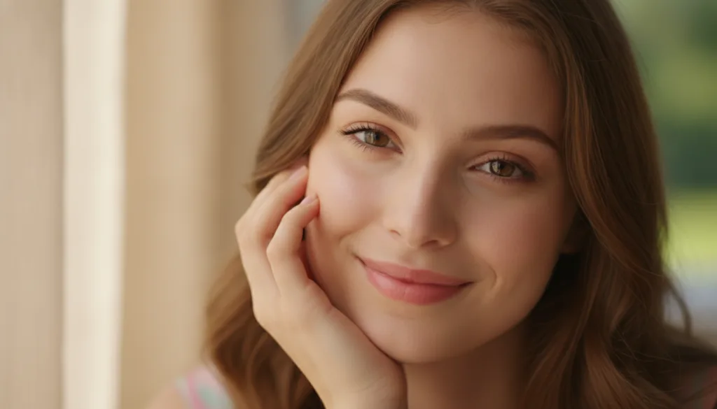 A woman gently touching her cheek smiling with glowing healthy-looking skin suggesting a natural and youthful appearance
