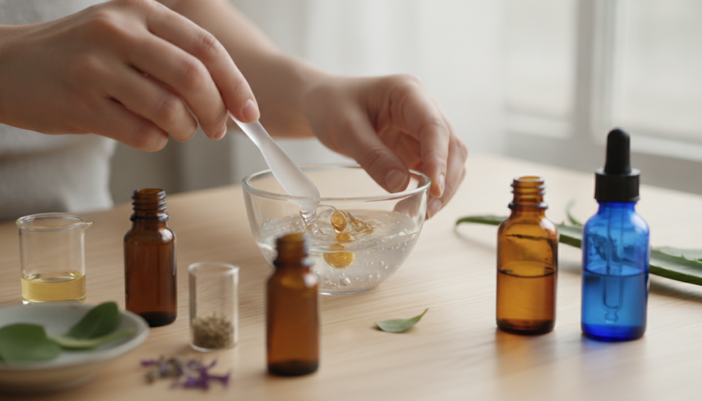 A person s hands mixing aloe vera gel with essential oils and glycerin in a small glass bowl with a tiny spatula ingredi