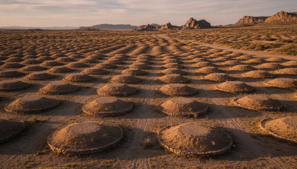 A panoramic shot of the Sad Hill Cemetery set from The Good the Bad and the Ugly showing the circular arrangement of gra