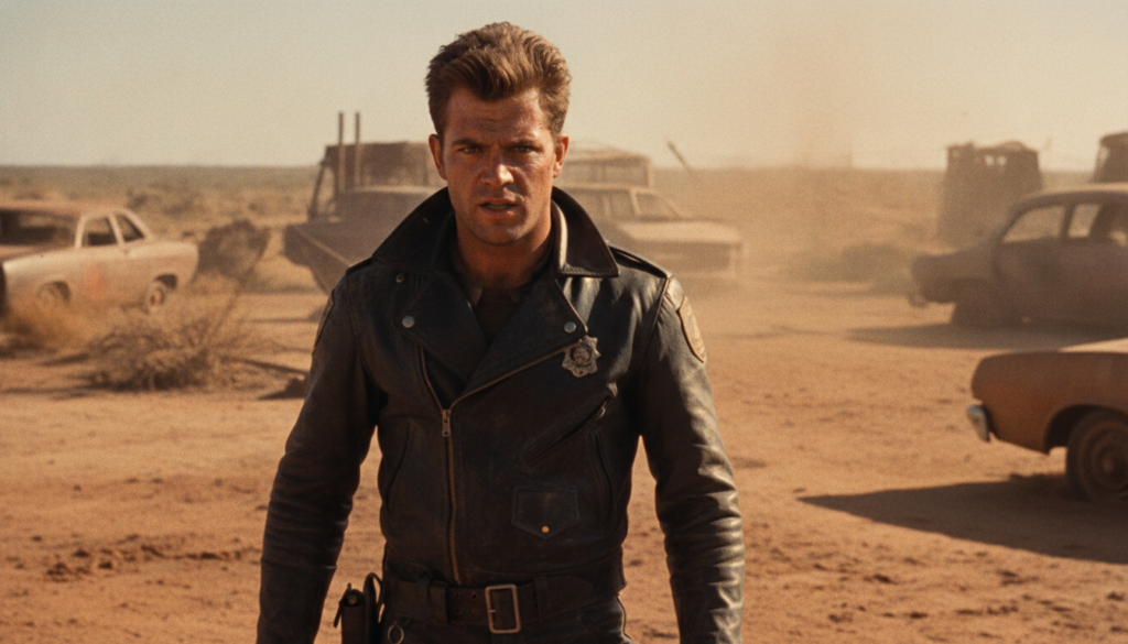 A still from the 1979 film Mad Max showing a young Mel Gibson as Max Rockatansky in his police uniform looking intense T