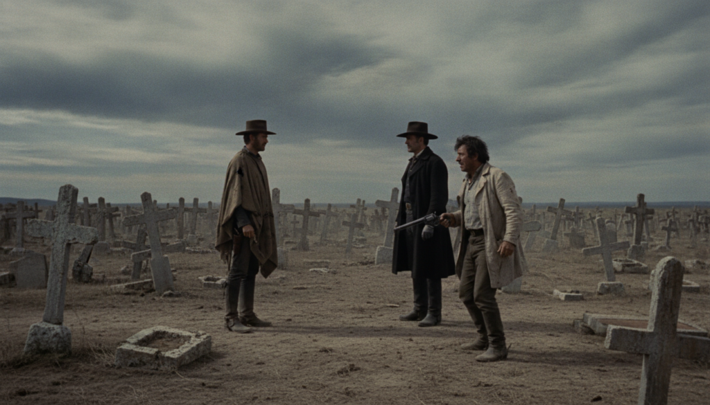 A dramatic wide shot of the iconic final standoff scene at Sad Hill Cemetery from The Good the Bad and the Ugly featurin