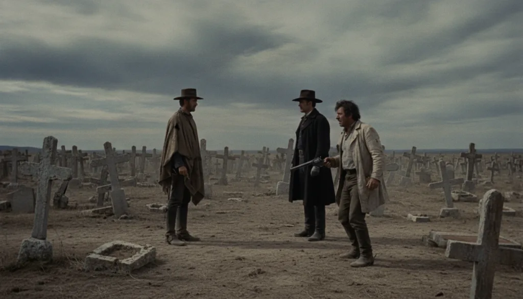A dramatic wide shot of the iconic final standoff scene at Sad Hill Cemetery from The Good the Bad and the Ugly featurin