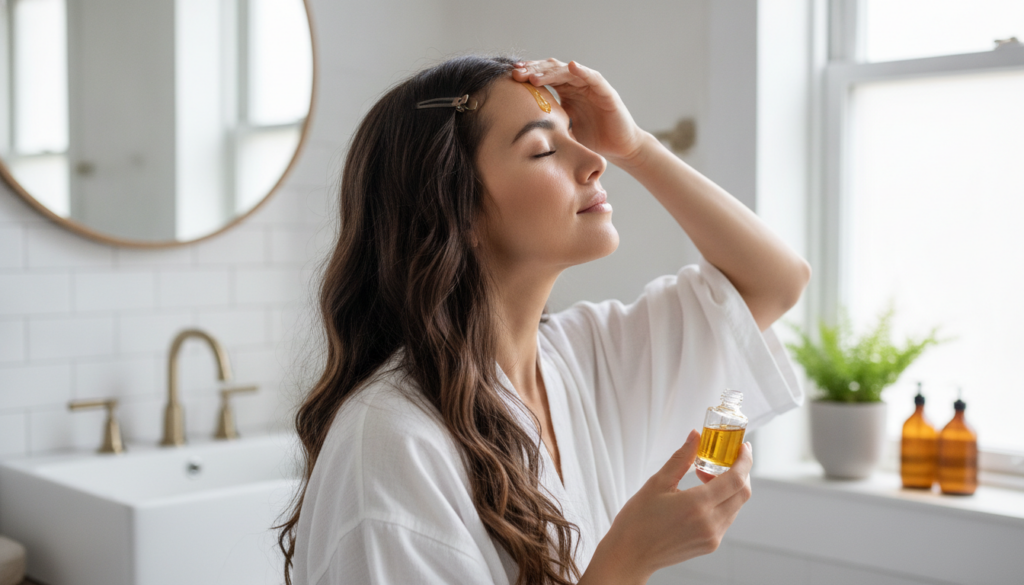 A woman gently massaging her scalp with her fingertips applying a small amount of hair oil her hair is parted into secti