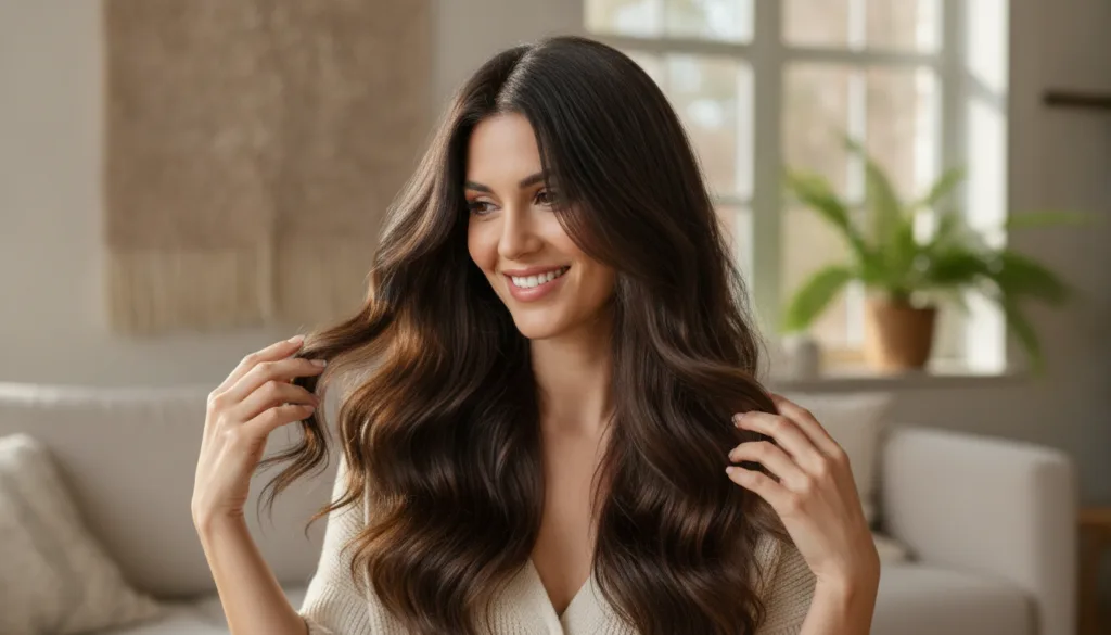 A woman with visibly healthy shiny and full-looking hair smiling and gently running her fingers through her hair in a na