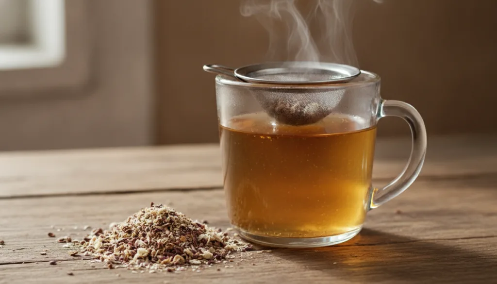 A clear mug of freshly brewed milk thistle tea made from crushed seeds with a tea strainer and some dried seeds visible 