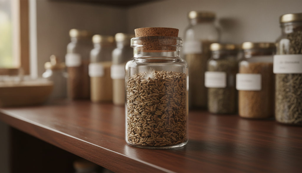 A small clear airtight glass jar filled with dried whole milk thistle seeds labeled clearly stored in a dark pantry