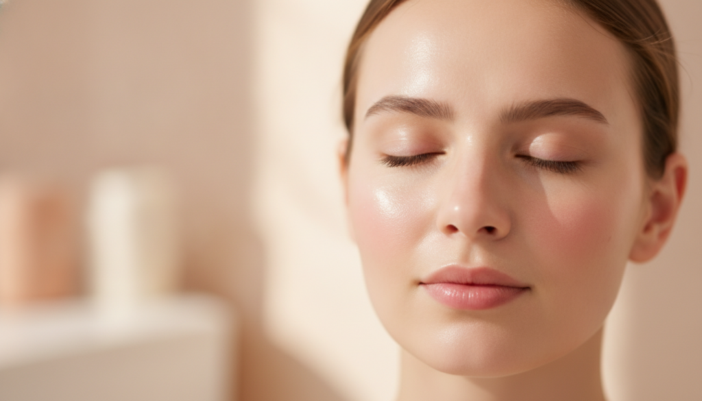 A close-up of healthy glowing skin after a skincare routine with soft diffused lighting highlighting a radiant complexio