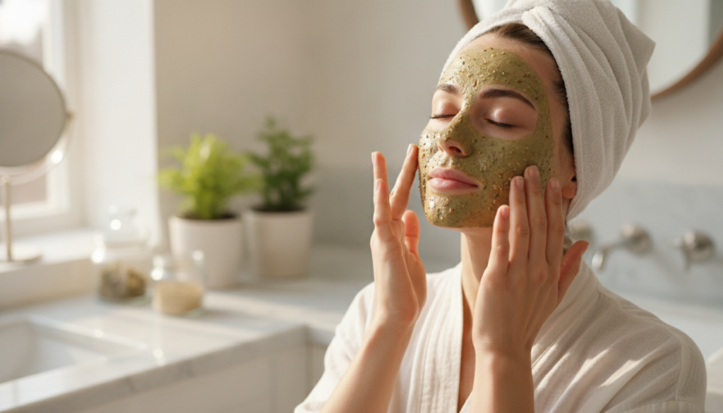 A woman gently applying a homemade seed face mask to her clean face using her fingertips in a brightly lit bathroom
