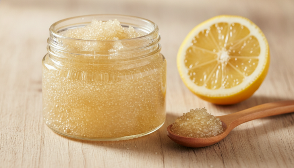 A close-up of a small glass jar filled with a golden textured DIY scrub made from baby oil and sugar with a fresh lemon