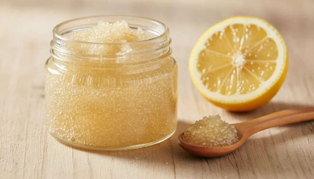A close-up of a small glass jar filled with a golden textured DIY scrub made from baby oil and sugar with a fresh lemon 