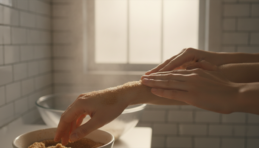 A woman gently massaging a DIY skin scrub onto her arm with soft clean hands illustrating the application process in a b