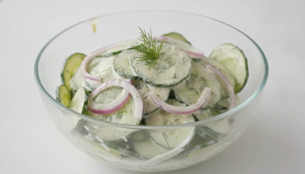 A light and fresh cucumber dill salad in a glass bowl with a creamy yogurt dressing garnished with fresh dill sprigs on 