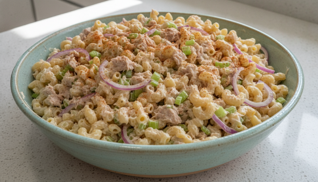 A creamy macaroni tuna salad in a large serving bowl with celery and red onion visible garnished with paprika on a kitch