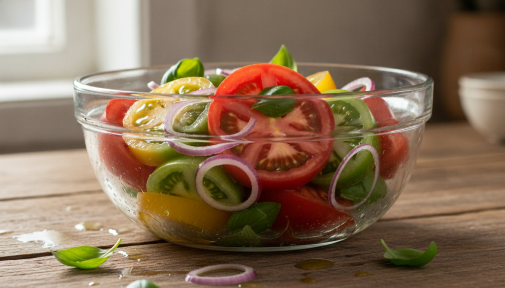 A vibrant marinated tomato salad with red onion and fresh herbs in a clear glass bowl dressed with olive oil on a rustic
