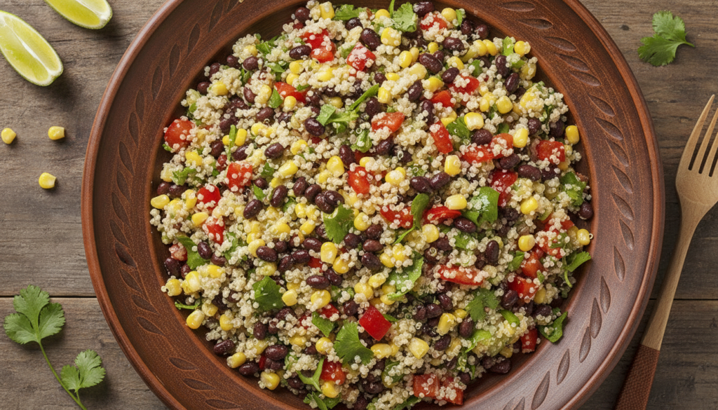 A colorful quinoa black bean salad in a large bowl with visible corn bell peppers and cilantro dressed with a lime vinai
