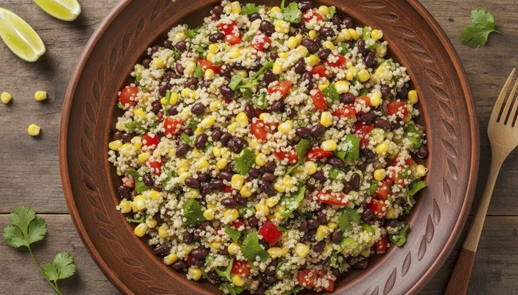 A colorful quinoa black bean salad in a large bowl with visible corn bell peppers and cilantro dressed with a lime vinai
