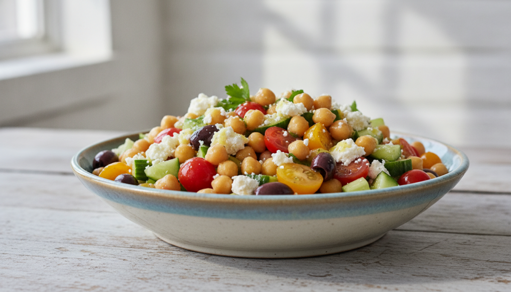 A vibrant Mediterranean chickpea salad with cherry tomatoes cucumbers olives and feta in a large bowl dressed with lemon