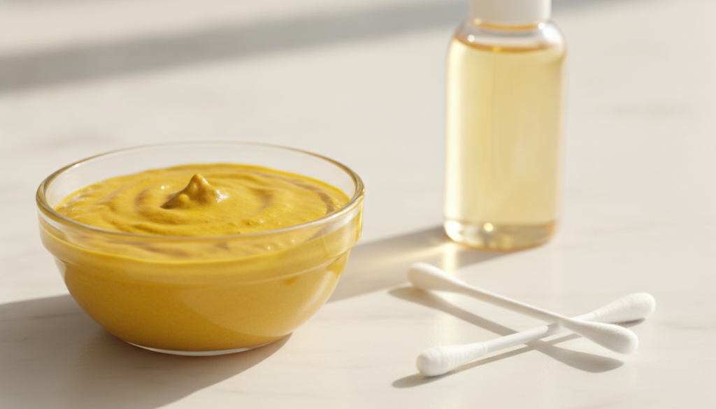 A close-up of a small glass bowl containing a yellow turmeric paste mixed with lemon juice next to a cotton swab and a s