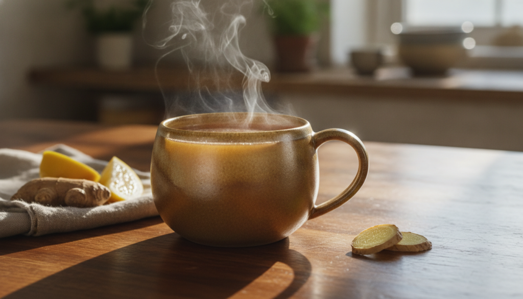 A steaming mug of golden immune tonic with steam rising on a cozy wooden surface suggesting warmth and comfort