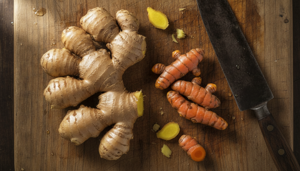 Close-up of fresh ginger root and turmeric root on a wooden cutting board ready for preparation