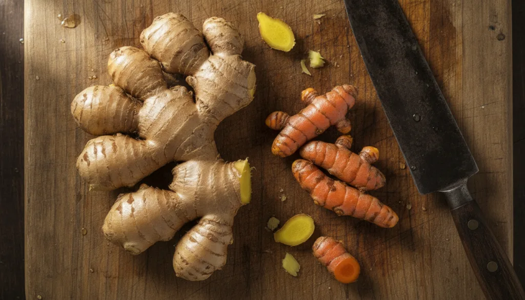 Close-up of fresh ginger root and turmeric root on a wooden cutting board ready for preparation