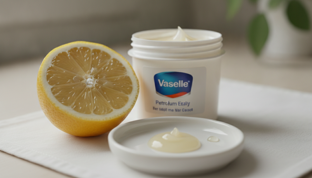 An open tub of Vaseline next to a freshly cut lemon wedge with a small amount of the mixed product in a small dish empha