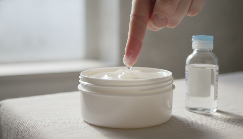 An open tub of Vaseline next to a bottle of baby oil on a clean light surface with a small amount of the mixed product o