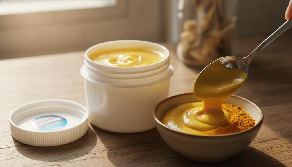 An open tub of Vaseline next to a small bowl of turmeric powder with a mixing spoon showing the combined yellow paste Th