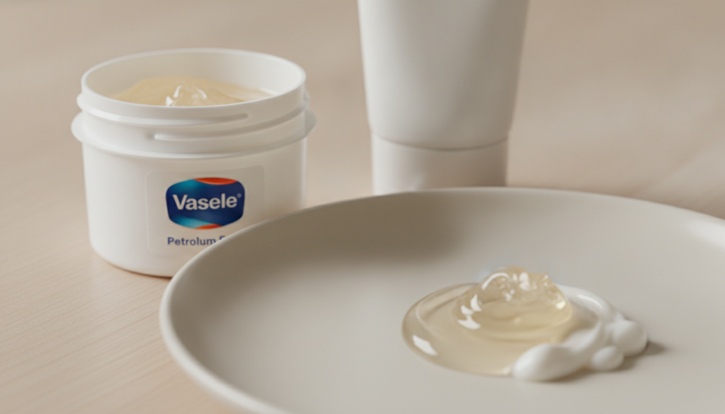 An open tub of Vaseline next to a tube or jar of a generic facial or body cream with a small amount of both products mix